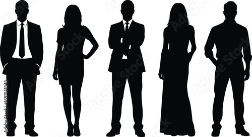 Professional business people silhouette group standing together in formal corporate attire illustration vector design for teamwork, leadership, office, company, and success.