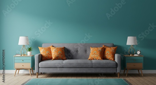 Modern Living Room with Teal Walls, Gray Sofa, and Orange Accent Pillows