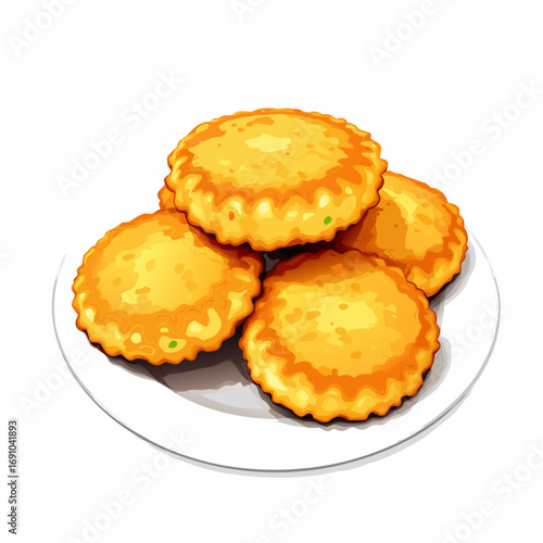 Golden fried pastries with crimped edges stacked on a plate delicious dessert illustration.