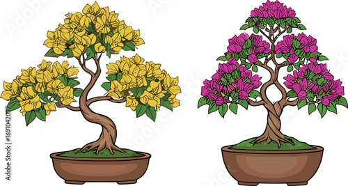 Yellow flowering bonsai tree, purple flowering bonsai tree, artistic twisted trunk design, shallow oval pots, green moss base, traditional Japanese miniature plant art display