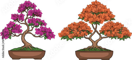Purple flowering bonsai tree, orange flowering bonsai tree, artistic twisted trunk design, shallow rectangular pots, green moss base, traditional Japanese miniature plant art