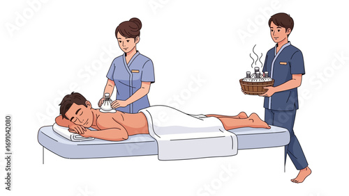 Two healthcare professionals providing a relaxing massage and aromatherapy treatment to a patient lying on a massage table with a white sheet