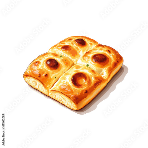 Goldenbrown baked bread with four sections each featuring a dark circular indentation and herb garnish.