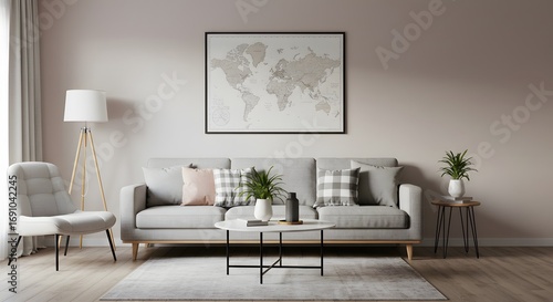 Modern Living Room with World Map Wall Art and Comfortable Sofa