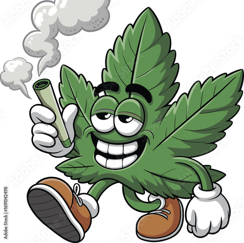Cartoon cannabis leaf character, funny marijuana mascot, smoking joint illustration, stoner weed design, high pot character vector, cannabis humor drawing, relaxed leaf art