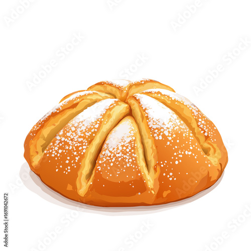 Illustrated goldenbrown sweet bread bun heavily dusted with white powdered sugar segmented top.