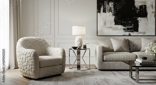 Modern Luxury Living Room Interior with Abstract Art and Textured Furniture