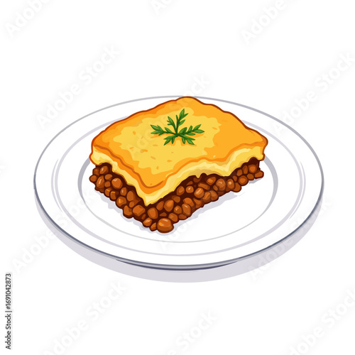Illustrative lentil bake with golden mashed potato topping and fresh green herb garnish on white plate.