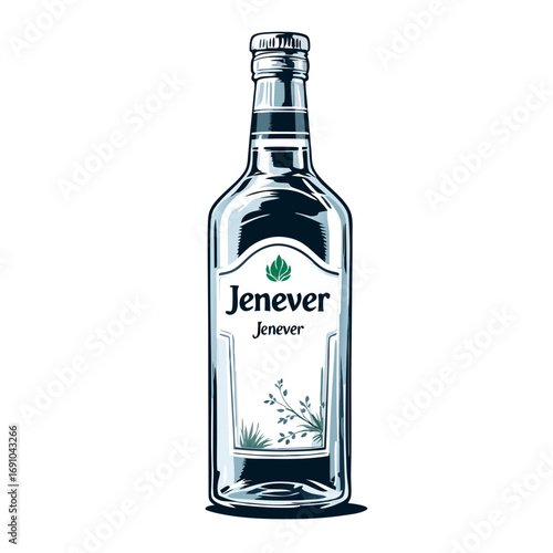 Jenever Bottle with Red Label and Botanical Illustration.