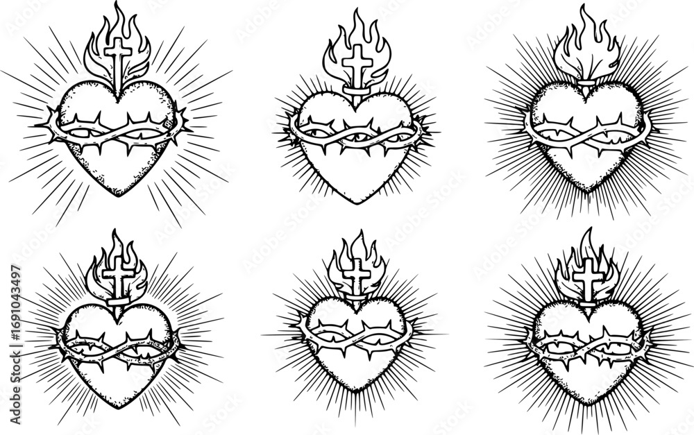 Fototapeta premium Set of Sacred Heart of Jesus Christ in Thorns, Hand-Drawn Line Art and Dotwork Vector Illustration for Flash Tattoo or Vintage Print Design