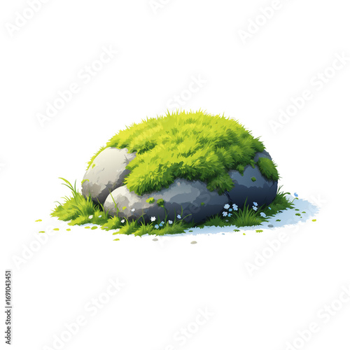 Lush Green Moss Covering Rounded Grey Rocks with Small Blue Flowers.