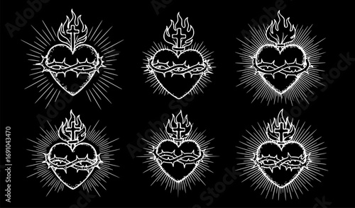 Set of Sacred Heart of Jesus Christ in Thorns, Hand-Drawn Line Art and Dotwork Vector Illustration for Flash Tattoo or Vintage Print Design