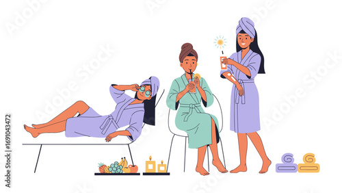 Three diverse women in spa robes and towels enjoying a relaxing spa day with beauty products and treatments for wellness and self care