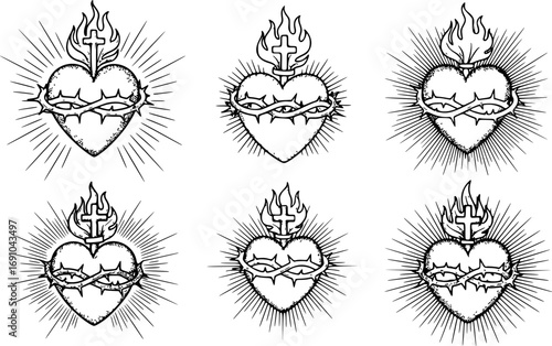 Set of Sacred Heart of Jesus Christ in Thorns, Hand-Drawn Line Art and Dotwork Vector Illustration for Flash Tattoo or Vintage Print Design
