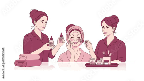 Three women applying skincare products one in the center with a face mask surrounded by beauty essentials and towels representing self care and beauty routines