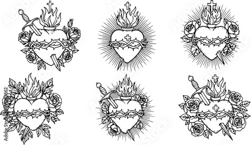 Set of Holy Heart of Mary with Roses and Sword, Hand-Drawn Line Art and Dotwork Vector Illustration for Flash Tattoo or Vintage Print Design