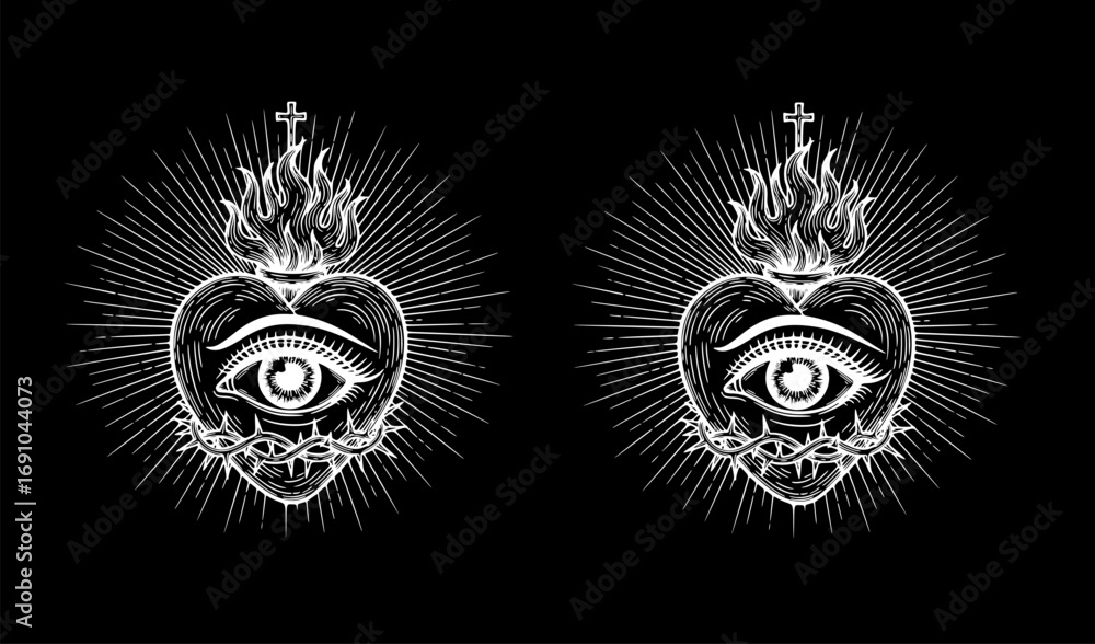 Obraz premium Set of All Seeing Eye of God in Sacred Heart with Rays of Light and Sunburst, Hand-Drawn Isolated Vector Illustration for Blackwork Flash Tattoo or Print Design