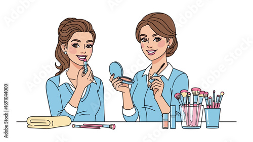 Two young women applying makeup and getting ready for a night out or special occasion with cosmetics and brushes laid out