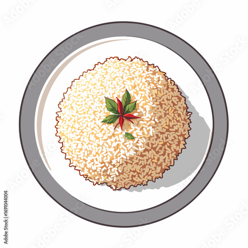 Rice Portion on Plate with Star Anise Garnish Top View.