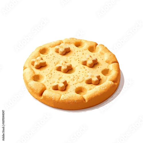 Round Golden Baked Cookie with Flower Decorations.