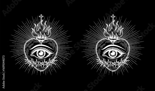 Set of All Seeing Eye of God in Sacred Heart with Rays of Light and Sunburst, Hand-Drawn Isolated Vector Illustration for Blackwork Flash Tattoo or Print Design