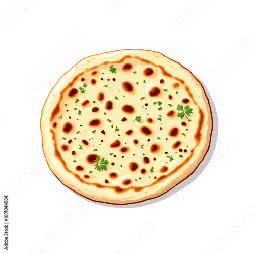 Round Lightly Browned Flatbread with Green Herbs and Bubbles.