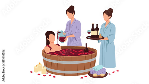 Relaxing wine bath experience with two women serving drinks and offering a luxurious spa treatment with red wine and rose petals