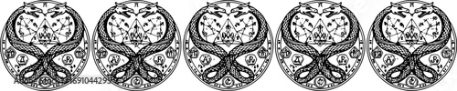 Set of Ouroboros Serpent and Dragon Consuming Each Other, Alchemical Symbol of Philosopher’s Stone, Hand-Drawn Vector Illustration for Tattoo, Poster or Print Desig