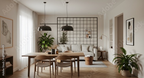 Modern Scandinavian Living and Dining Room with Natural Light and Plants