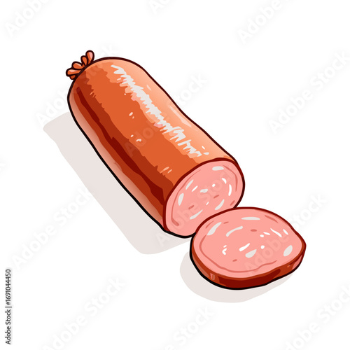 Sliced Smoked Sausage with ReddishBrown Skin and Pale Pink Interior.