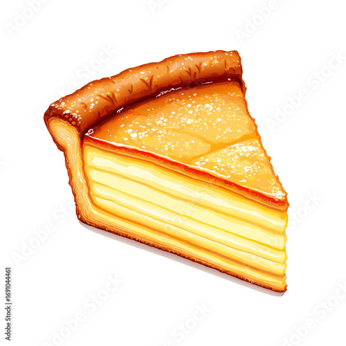Slice of Creamy Cheesecake with Golden Crust and Powdered Sugar.