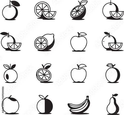 A delightful collection of black and white line art icons showcasing various fruits, perfect for healthy eating and culinary themes