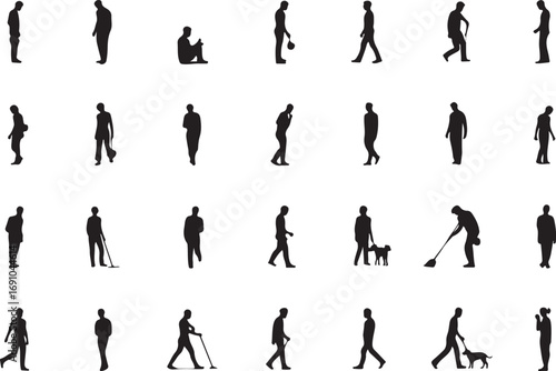 Collection of Black Silhouettes of People in Various Poses and Activities