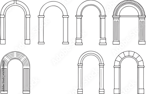 Collection of Architectural Arches and Columns in Black and White Line Art