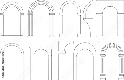 Collection of Architectural Arches and Doorways in Line Art Style