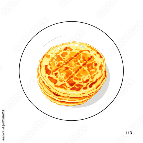 Stack of Golden Brown Pancakes with Grill Marks on White Plate.