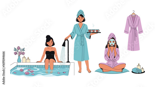 Three diverse women enjoying a luxurious spa day with a relaxing bath refreshing drinks and serene meditation in comfortable robes and towels