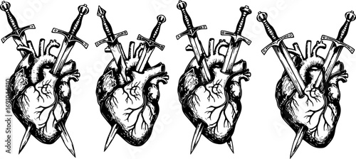 Set of Realistic Human Heart Pierced with Three Swords, Hand-Drawn Black and White Line Art Vector Illustration for Flash Tattoo or Vintage Print Design