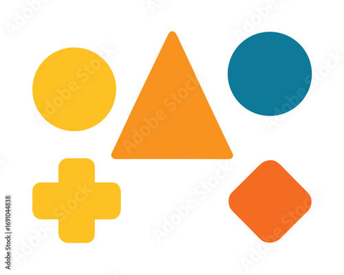 Geometric Shapes Circle, Triangle, Square, Cross, and Dot on White