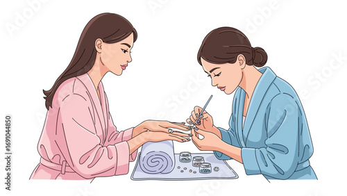 Young woman receiving a professional manicure from a skilled nail technician in a beauty salon setting with tools laid out