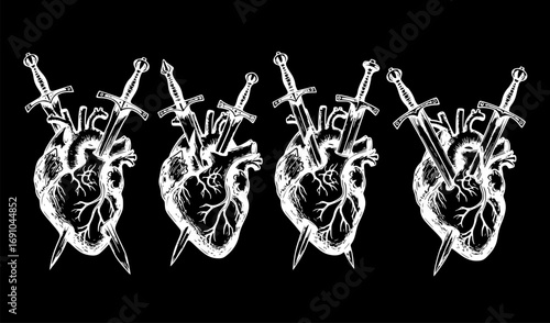 Set of Realistic Human Heart Pierced with Three Swords, Hand-Drawn Black and White Line Art Vector Illustration for Flash Tattoo or Vintage Print Design