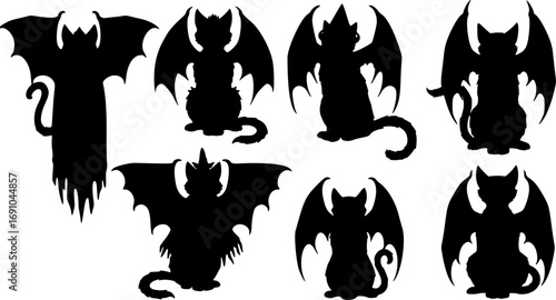 Set of Creepy Black Cat with Monster Wings Isolated on White Background, Wiccan Familiar Spirit Vector Illustration for Halloween and Pagan Witchcraft Theme Print Design