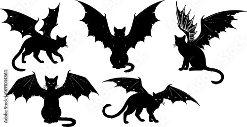 Set of Creepy Black Cat with Monster Wings Isolated on White Background, Wiccan Familiar Spirit Vector Illustration for Halloween and Pagan Witchcraft Theme Print Design