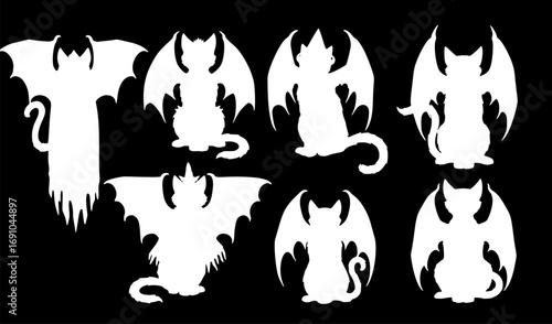 Set of Creepy Black Cat with Monster Wings Isolated on White Background, Wiccan Familiar Spirit Vector Illustration for Halloween and Pagan Witchcraft Theme Print Design
