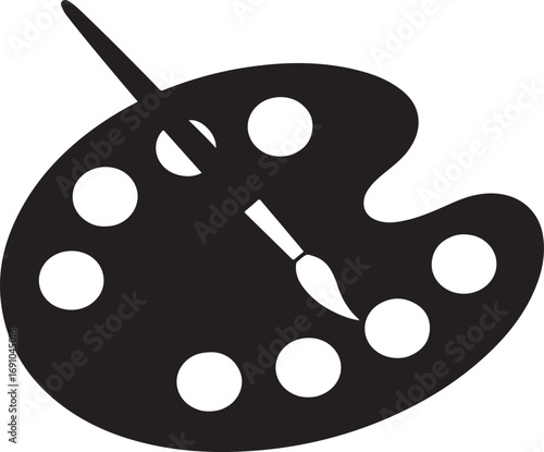 Black and White Icon of an Artist's Paint Palette with Brush