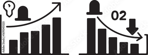 Bar Charts Showing Growth and Decline with Icons: Business & Data Analysis