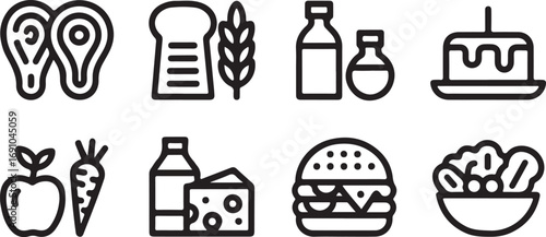 A Collection of Food Icons: Meat, Bread, Fruits, Vegetables, Dairy, and More