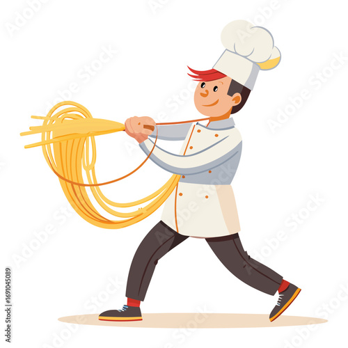 Creative male chef vector illustration pulling noodles like guitar strings, unique food art design for culinary branding and restaurant logo.