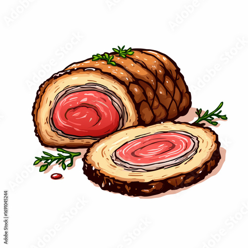 Stylized cooked meat roll sliced revealing tender pink interior and goldenbrown crust garnished with fresh green herbs.