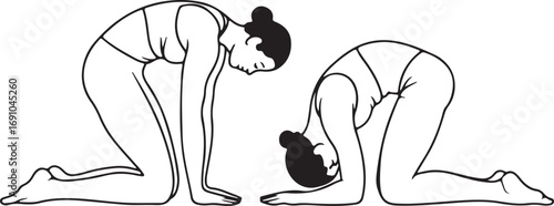 Two women in yoga poses, one in cat pose, the other in child's pose